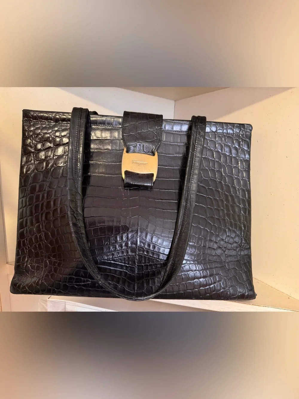 Salvatore Ferragamo Black Croc-Embossed Leather Bag with Gold Hardware